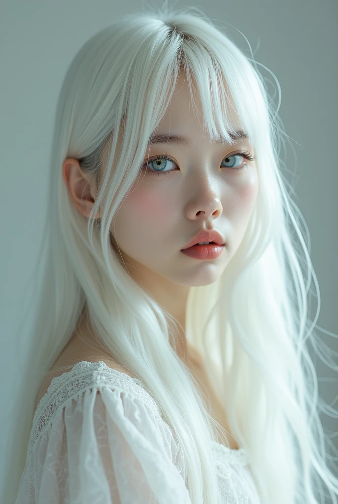 A 15 yr old girl with pale skin, light piercing blue eyes with gold in the center, white long hair with bangs, lashes and brows  ( all white). A beauty mark under her left eye and chin( very visible) and she's half japanese, korean and italian, looking away from the camera. She has sharp features and a serious expression and has straight hair.
