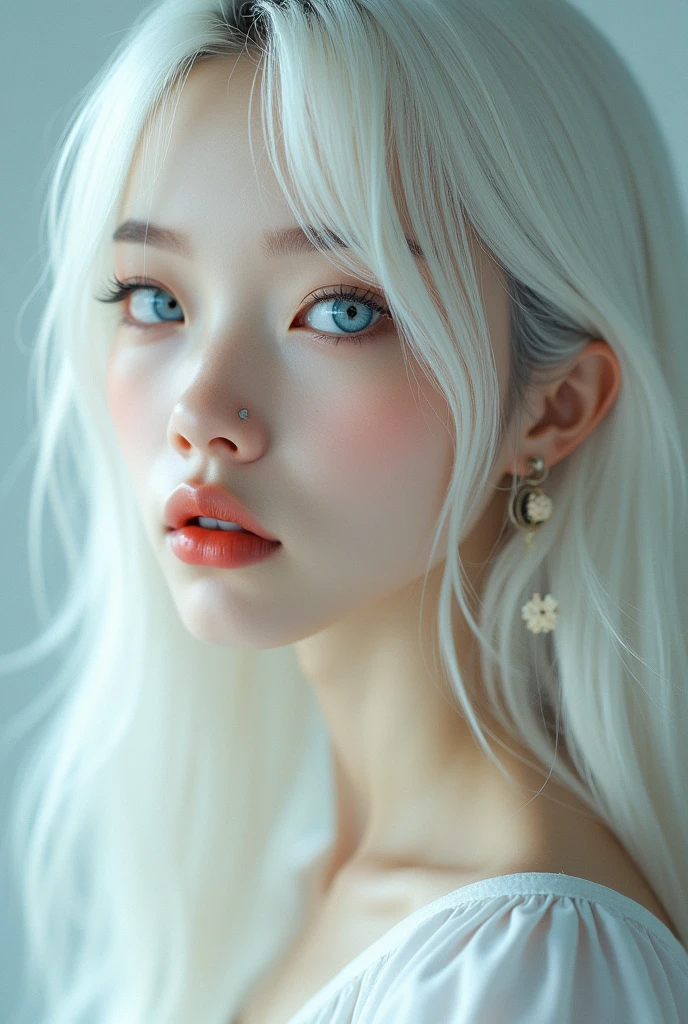 A 15 yr old girl with pale skin, light piercing blue eyes with gold in the center, white long hair with bangs, lashes and brows  ( all white). A beauty mark under her left eye and chin( very visible) and she's half japanese, korean and italian, looking away from the camera. She has sharp features and a serious expression and has straight hair.