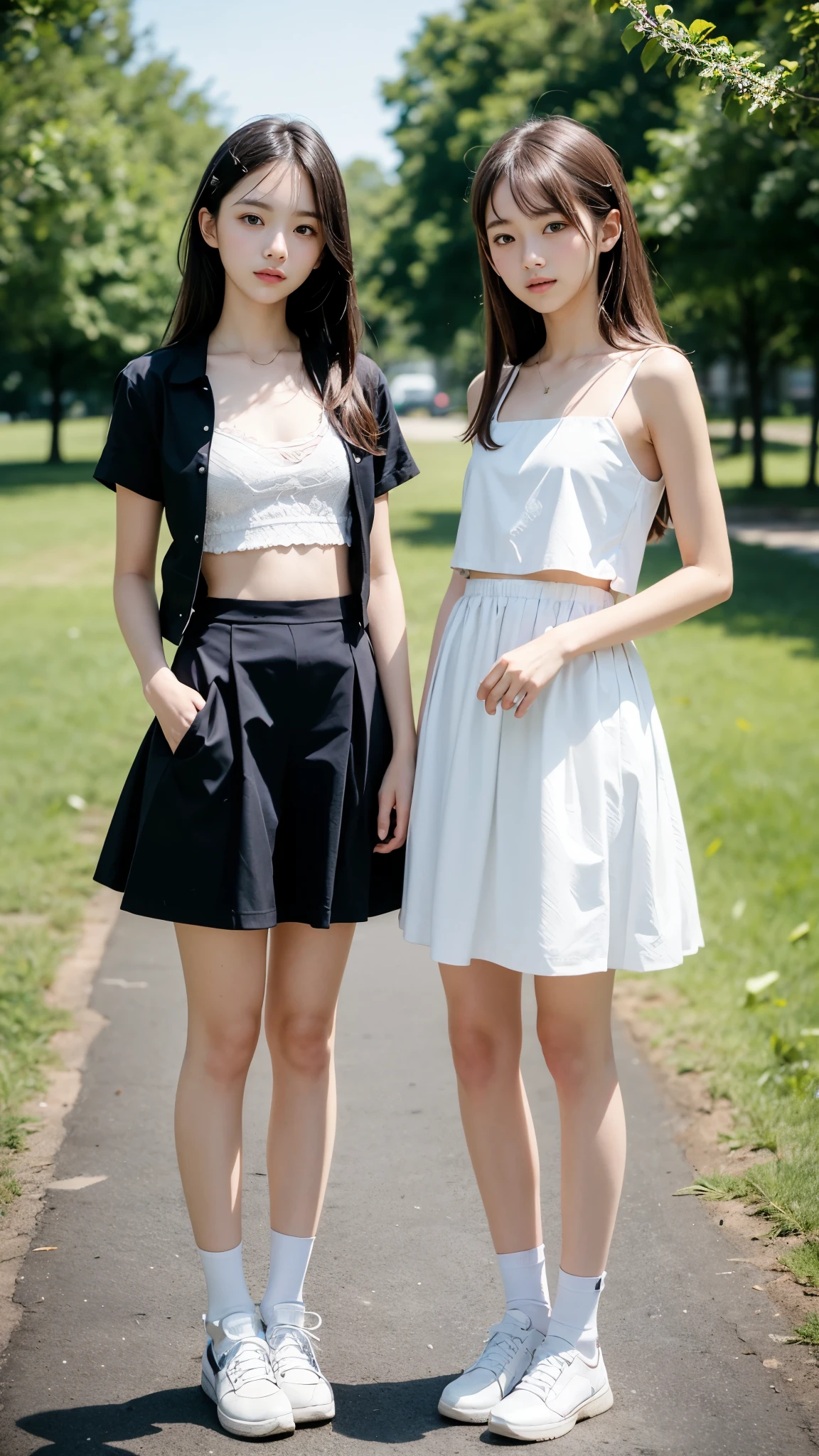 High detail, Textured skin, Very detailed, Ultra high definition, High-resolution model, Detailed face、bare navel、Twins, two girls, two high school girls、(((flat chest))), (flat chest:1.1)、 14years、a junior high school student、School Uniforms、Cute, young, (Full body:1.3)、Ultra-detail、masterpiece、top-quality、超A high resolution、8K high image quality、Photogenic clarity、A detailed eye、Real live-action、Spring outdoor、Model Standing、Beautiful posture、High detail, Textured skin, Very detailed, Ultra high definition, High-resolution model,