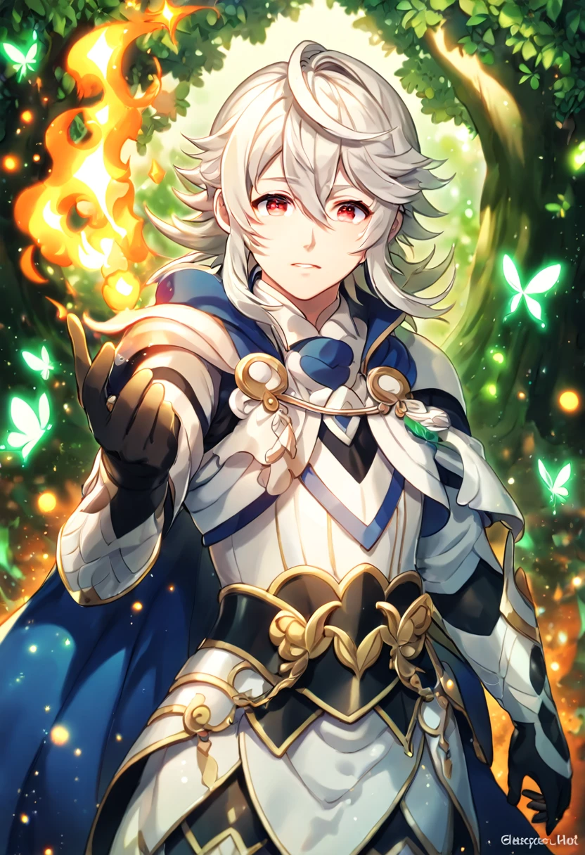 absurdres, highres, ultra detailed, HDR, master piece, best quality, extremely detailed, detailed eyes, Corrin, white hair, expressive red eyes, Fire Emblem Fates, solo, sexy man, sensual, handsome, manly man, adult face, blue cape, white clothes, black gloves, under a green tree, fantasy, magical, glittering fireflies, green butterflies, green flames, magic, green leaves