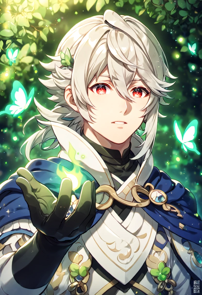 absurdres, highres, ultra detailed, HDR, master piece, best quality, extremely detailed, detailed eyes, Corrin, white hair, expressive red eyes, Fire Emblem Fates, solo, sexy man, sensual, handsome, manly man, adult face, blue cape, white clothes, black gloves, under a green tree, fantasy, magical, glittering fireflies, green butterflies, green flames, magic, green leaves