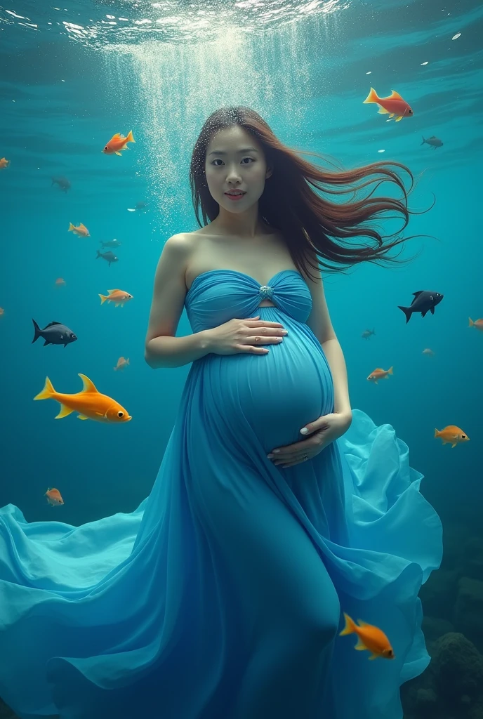 pragnent lady with blue gown flowing in water am diving at the bottom of the sea and looking at the camera, surrounded by beautiful fish."
More human look and long hair
Full picture