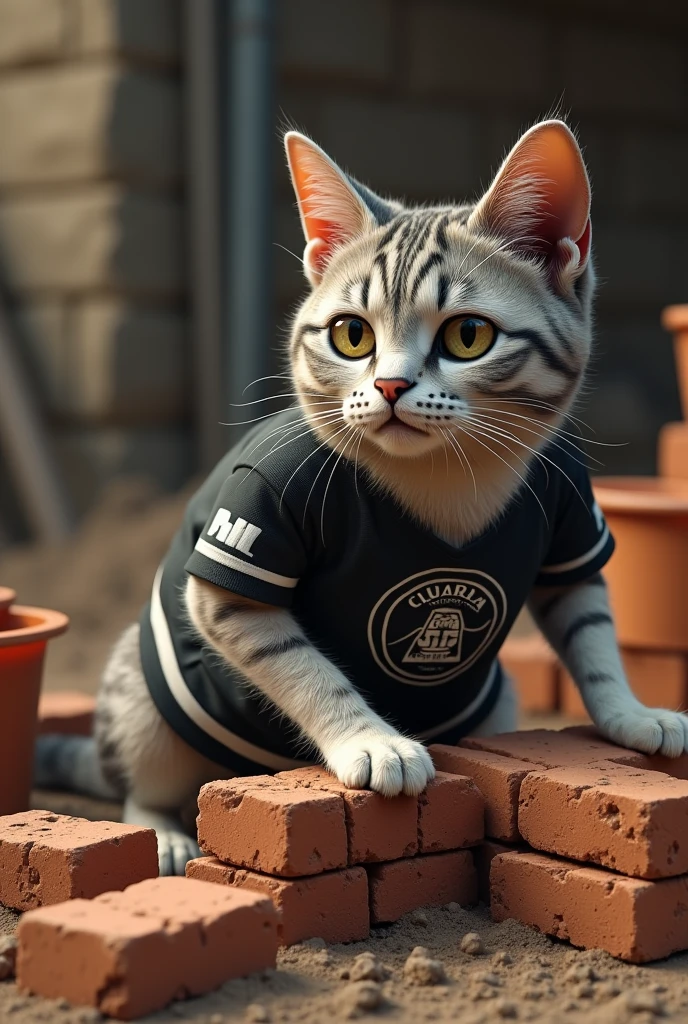 A cat working as a bricklayer wearing a black and white Ceará team shirt, very realistic 