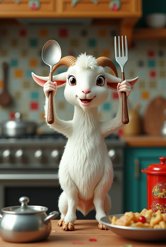 A white goate that have a spoon, fork and tongs behind his head and beautiful kitchen in the background