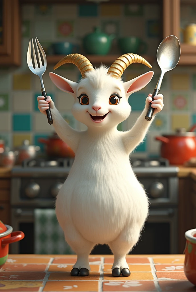 A white goate that have a spoon, fork and tongs behind his head and beautiful kitchen in the background