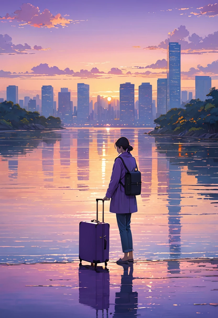 This image shows a person standing near a body of water, gazing towards the horizon during what appears to be either sunrise or sunset. The individual is holding the handle of a suitcase, suggesting they might be travelling or arriving at this location. The scene is enveloped in a soft, purple-hued light, giving it a serene and contemplative ambiance. The distant skyline features blurred buildings, indicating an urban setting. The water reflects the light from the sky, adding to the tranquil mood of the scene.