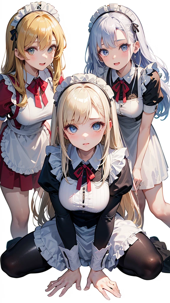 (((((3 girls:1.3、Maid clothes:1.3、 spread legs:1.3、super long hair)))))、(((forehead、huge breasts:1.3、3 girls:1.3、white blond hair:1.3、cowboy shot:1.3、A calm face、long hair、Northern Europe、White、beautiful girl、White Blonde、Blonde、White background、cute、Young、True Face、Shiny Hair、whole body)))、, highest quality, figure, super detailed, finely, High resolution, 8k wallpaper, Perfect dynamic composition, detailed and beautiful eyes, Deco out,bionde, breasts, Natural color lip,white background, random cute poses,