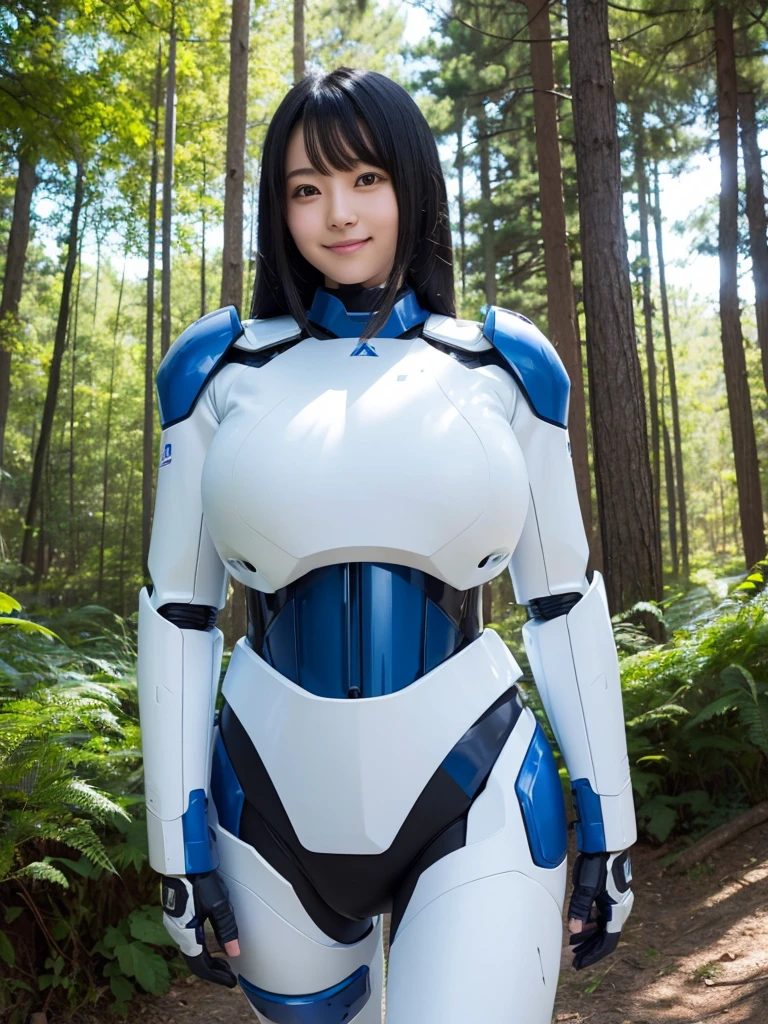 Japanese female android,Black Hair,White and blue robot suit,Plump,Posing in the shade of a deep forest,smile,