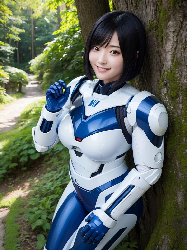 Japanese female android,Black Hair,White and blue robot suit,Plump,Posing in the shade of a deep forest,smile,