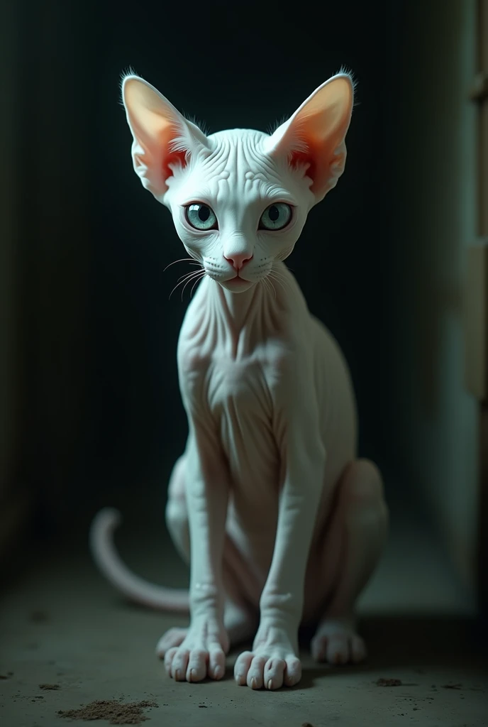 A hairless cat with white eyes