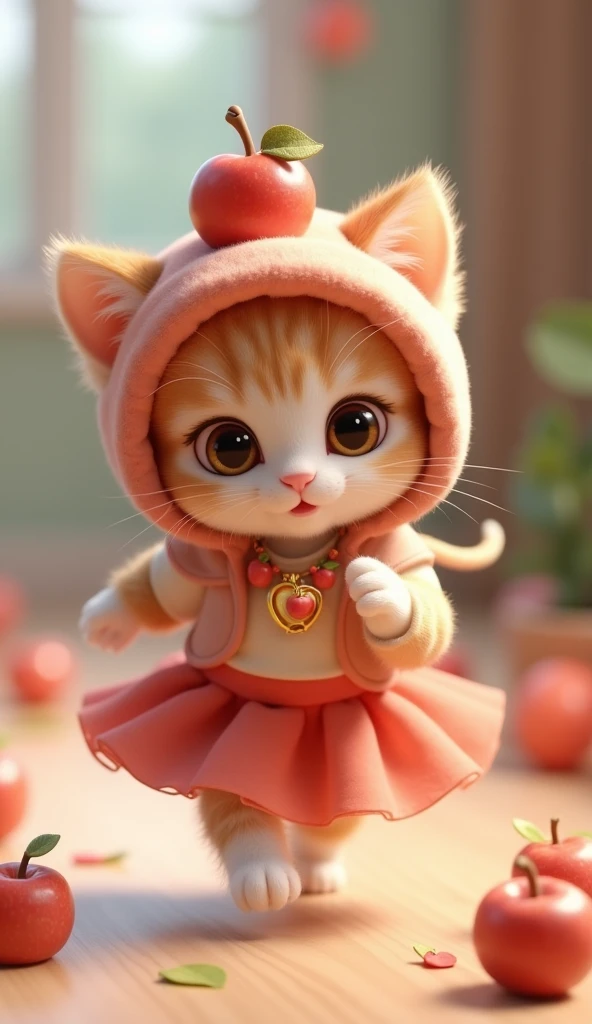 3D cute baby kitten、Cute and delightful for women、Apple hat、shirt、Wear a skirt、running、on site､masterpiece, Background Blur, Beautiful and cute apple necklace、
