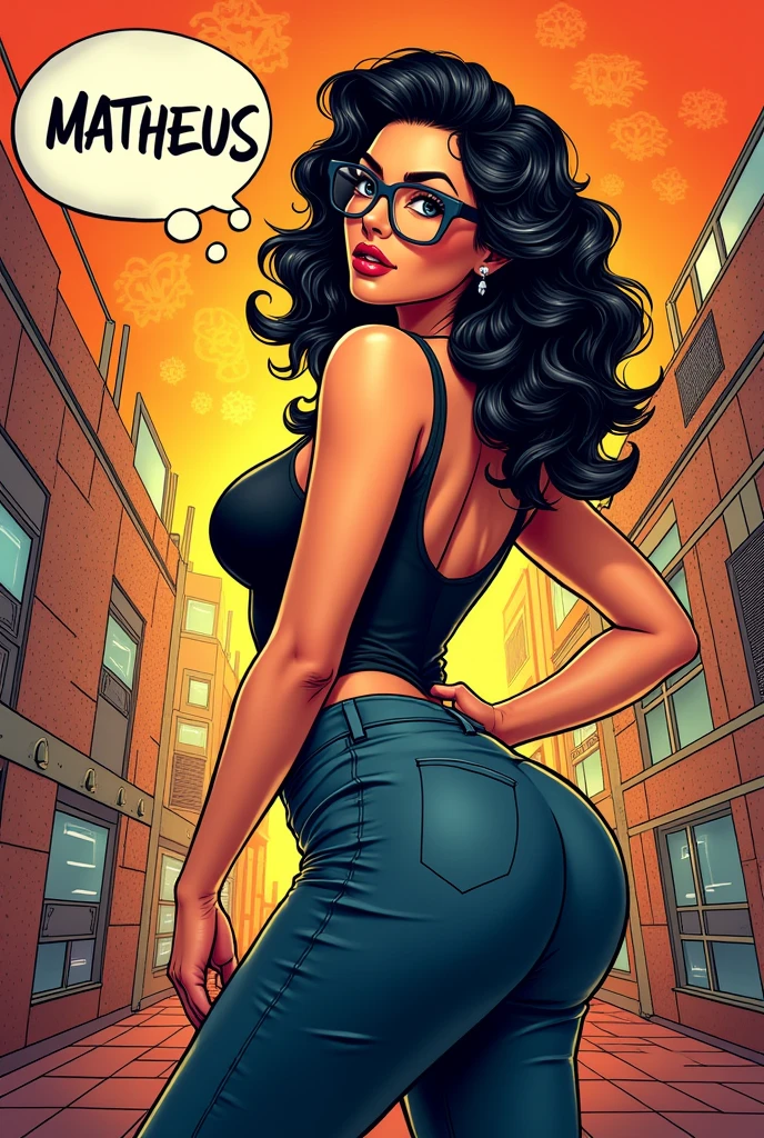Comic book style with woman with glasses, blackquality hair, busty and big ass talking "Matheus"