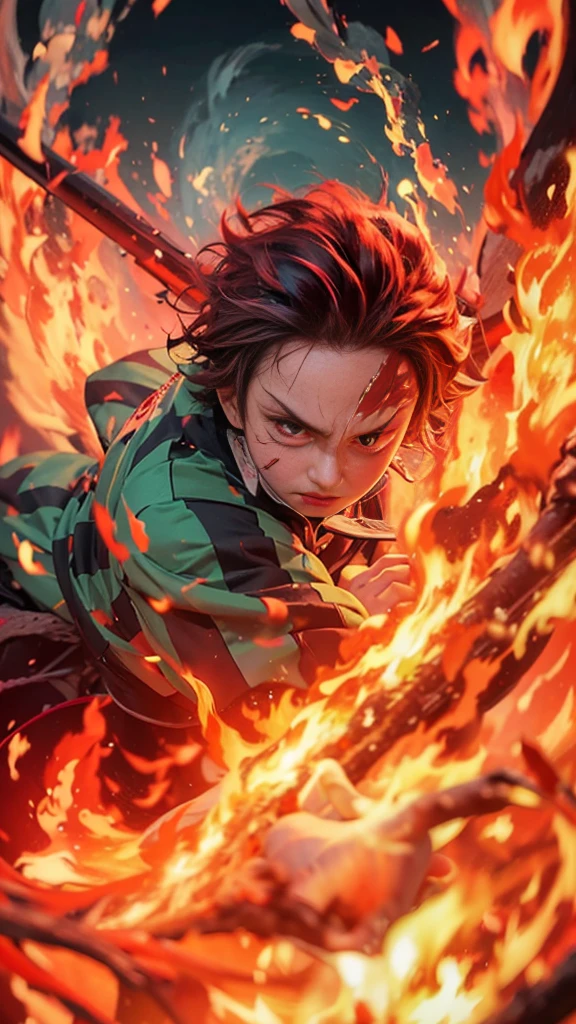 Command Tanjiro, Demon slayer, male, Black gradient red hair, Red eyes, Green and black clothes, Burn scar on forehead, Swinging the Sword, Angri does, Fire effect:1.5, Light effects:1.2, Beautiful sky:1.2.