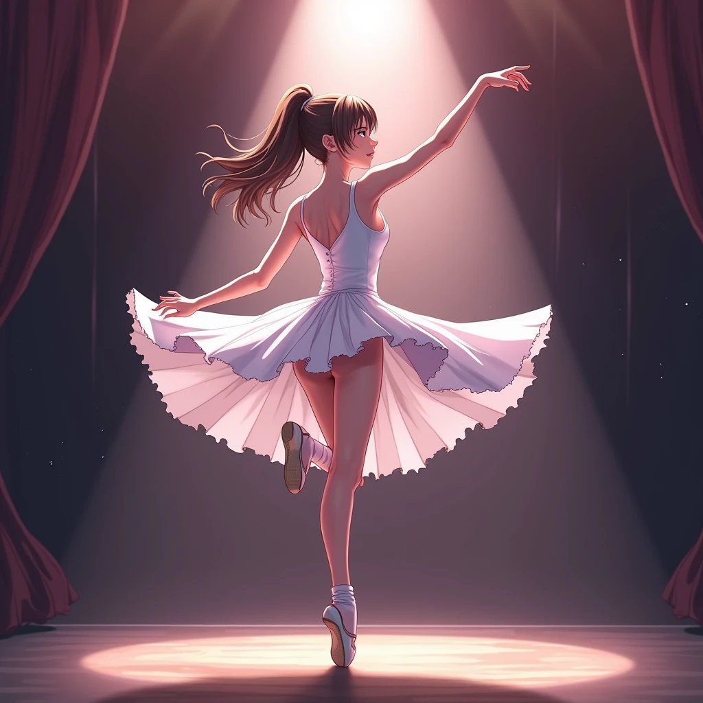 anime Illustration of a ballerina, white costume, tutu, camera perspective from underneath her thighs, showing pelvis, low shot, exposed thighs, raising arms and legs, low camera angle, showing from underneath tutu skirt, shot angle from underside, one leg raised up high, inner thighs, underwear, exposed crotch, visible groin, pubis mons, spread legs, on stage, looking from below, shot from underneath her crotch, one leg raised up, tutu blown up, panty shot