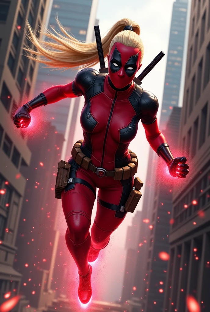 ((Flying between skyscrapers))),(((lady deadpool))),(((A beautiful woman with long blonde hair tied back in a ponytail))),(((bajo el manto de Wanda Wilson alias lady deadpool))),(((fighting pose))),(((red magic around his entire body))),(((Mascara cubre rostro lady deadpool))),(((Cinturón lady deadpool)))
