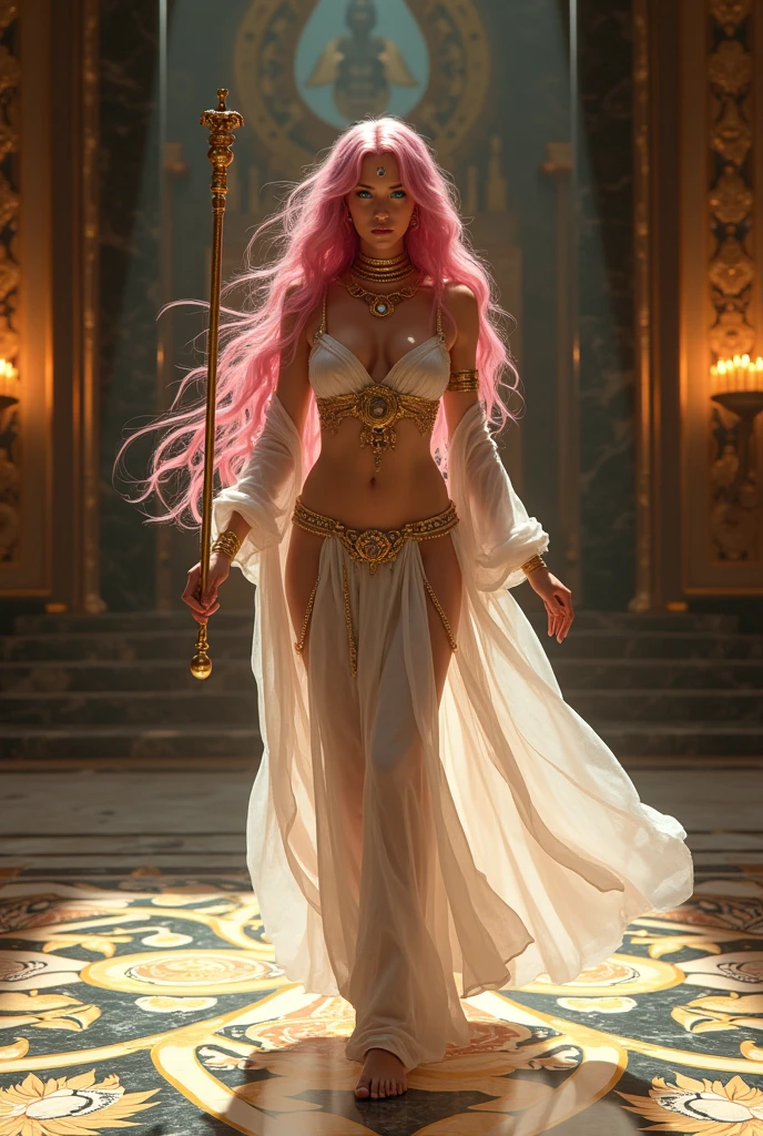 In the grand throne room of an Egyptian palace, a goddess of unparalleled beauty and seduction stands with an air of regal authority. Her long, pink hair flows like silk over her shoulders, contrasting with the dark, polished marble and gold accents of the room. Her captivating blue eyes, glowing with an otherworldly light, draw the gaze of everyone present, commanding both awe and desire.She wears a sheer, transparent linen robe that clings to her flawless skin, its golden threads shimmering in the flickering torchlight. The robe is daringly cut, revealing a jeweled harness that accentuates her chest and hips. Thin golden chains drape seductively from her waist and legs, adding an erotic touch to her divine presence.Her bare feet, adorned with golden anklets, step gracefully across the marble floor, which is inlaid with intricate patterns of serpents and lotus flowers. Around her neck is a serpent choker with ruby eyes, symbolizing temptation and power. In her hand, she holds a golden scepter topped with a lotus flower, representing creation and rebirth.As she moves through the palace, her robe flows with each step, her presence radiating sensuality and control. The combination of her divine beauty, commanding gaze, and provocative attire makes her the embodiment of lust and seduction, captivating everyone in the room.