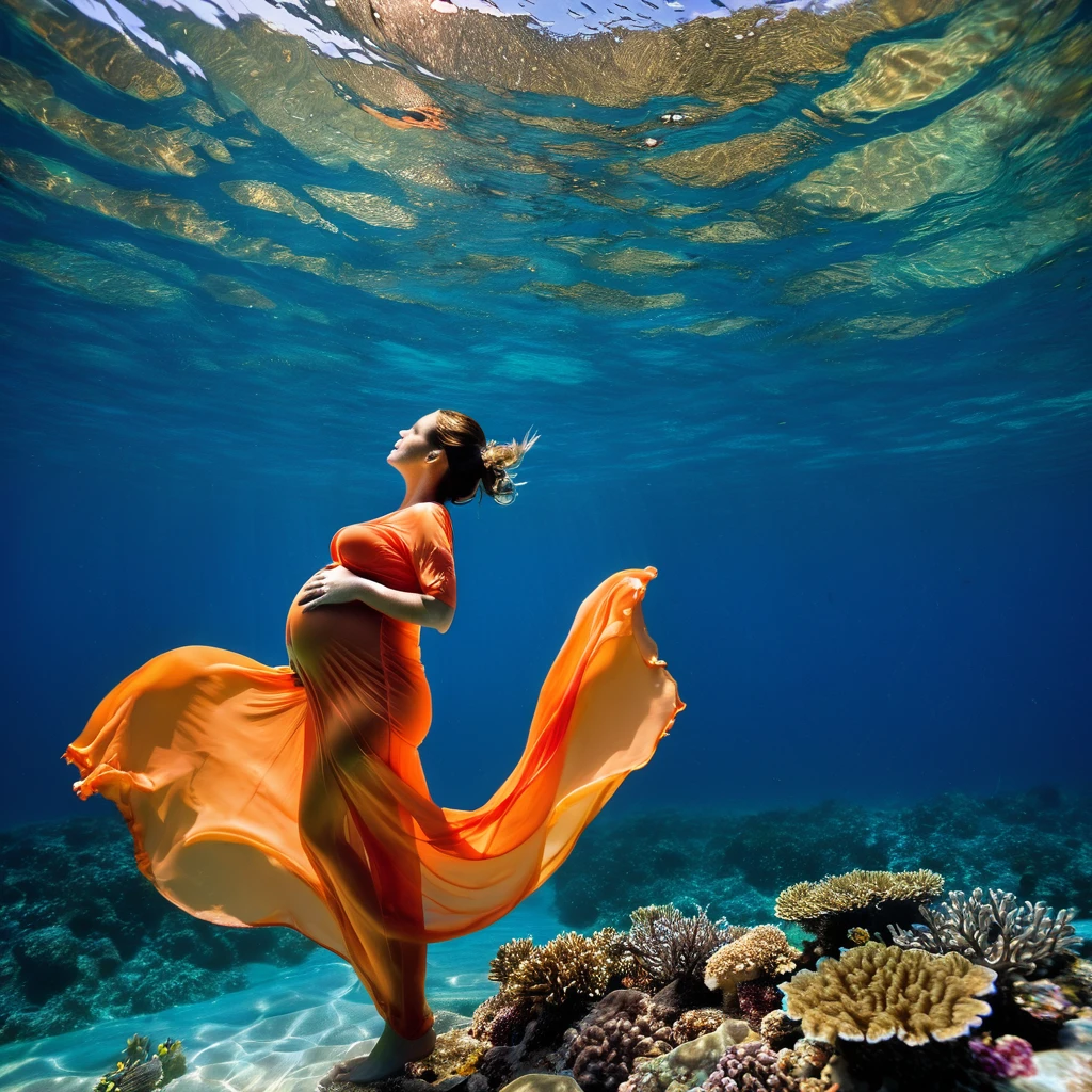 (((Waterline style))), (quite a bit body), realistic photograph of A very beautiful pregnant woman, soaking, glowing amber dress, swimming, beautiful coral reef, blue sky,