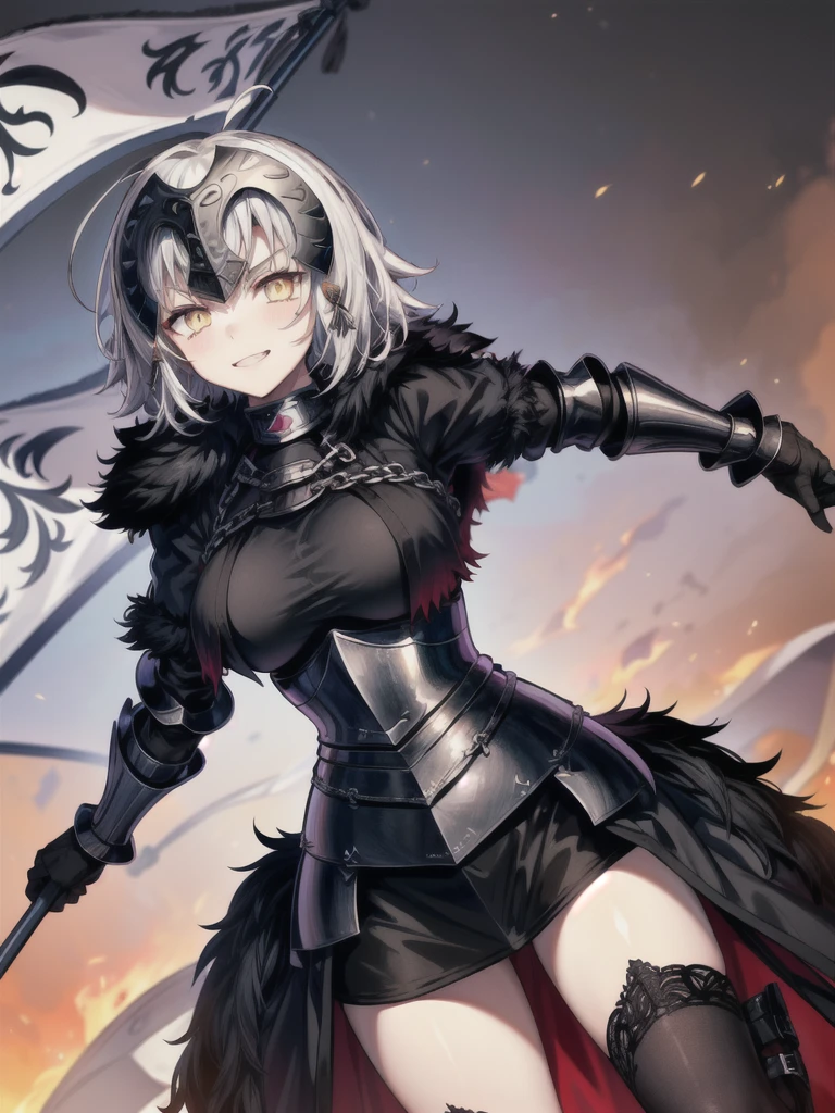 (top-quality、​masterpiece:1.2)、1girl in、Beautiful fece、Beautiful fece、styles、elegent、enticing、A sexy、Beautiful and well-groomed face、beautidful eyes、beautiful hairl、slick skin、((Joan of Arc Alter))Characters of fate,Fashionable with a change of clothes、White hair、Looking at the camera、Create a department、One hand is on his hip((unrevealing clothes))、((Stick the battle flag to the ground))Eyes of Gold、((Black fur coat、Black Armor))、Colossal tits、Big buttocks、femele、 ((Vicious look、Vulgar smile)) ((Background with、karo、battle field))Adults
