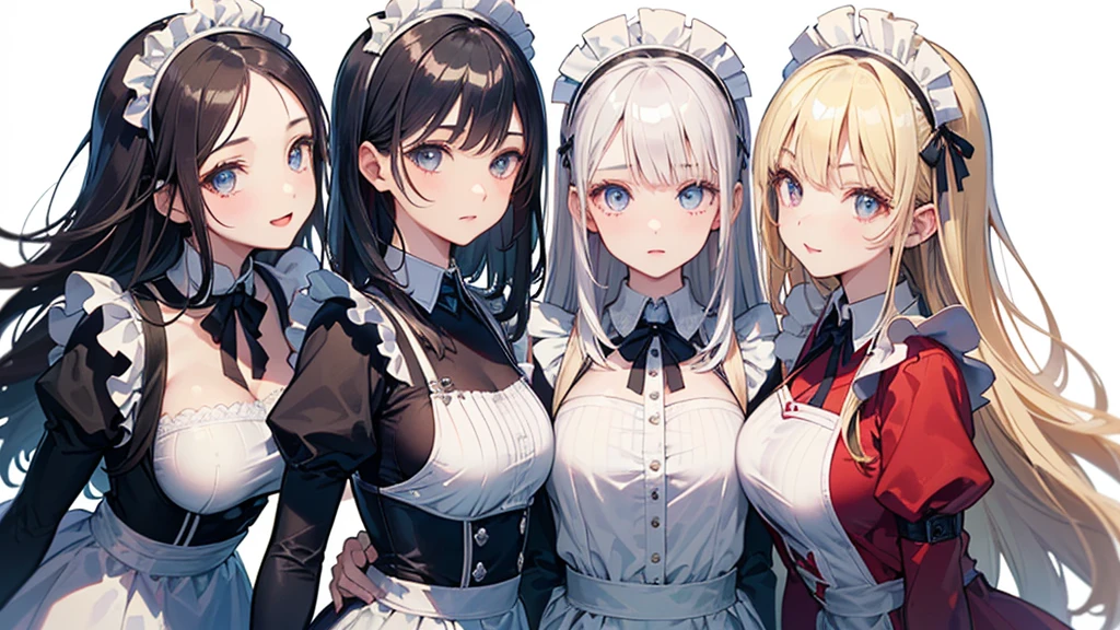 (((((3 girls:1.3、Maid clothes:1.3、super long hair)))))、(((forehead、huge breasts:1.3、3 girls:1.3、white blond hair:1.3、cowboy shot:1.3、A calm face、long hair、Northern Europe、White、beautiful girl、White Blonde、Blonde、White background、cute、Young、True Face、Shiny Hair、whole body)))、, highest quality, figure, super detailed, finely, High resolution, 8k wallpaper, Perfect dynamic composition, detailed and beautiful eyes, Deco out,bionde, breasts, Natural color lip,white background, random cute poses,