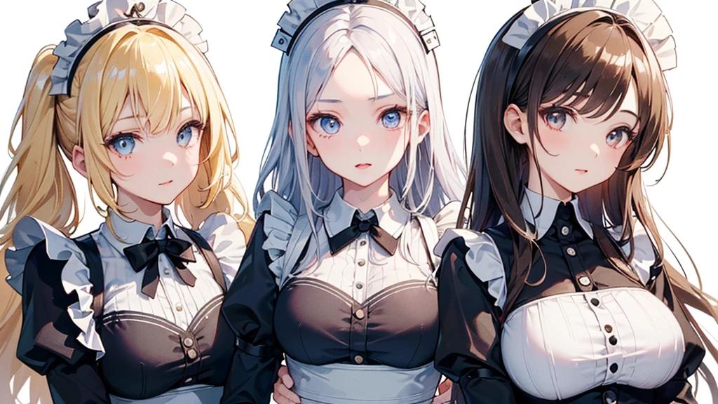 (((((3 girls:1.3、Maid clothes:1.3、super long hair)))))、(((forehead、huge breasts:1.3、3 girls:1.3、white blond hair:1.3、cowboy shot:1.3、A calm face、long hair、Northern Europe、White、beautiful girl、White Blonde、Blonde、White background、cute、Young、True Face、Shiny Hair、whole body)))、, highest quality, figure, super detailed, finely, High resolution, 8k wallpaper, Perfect dynamic composition, detailed and beautiful eyes, Deco out,bionde, breasts, Natural color lip,white background, random cute poses,