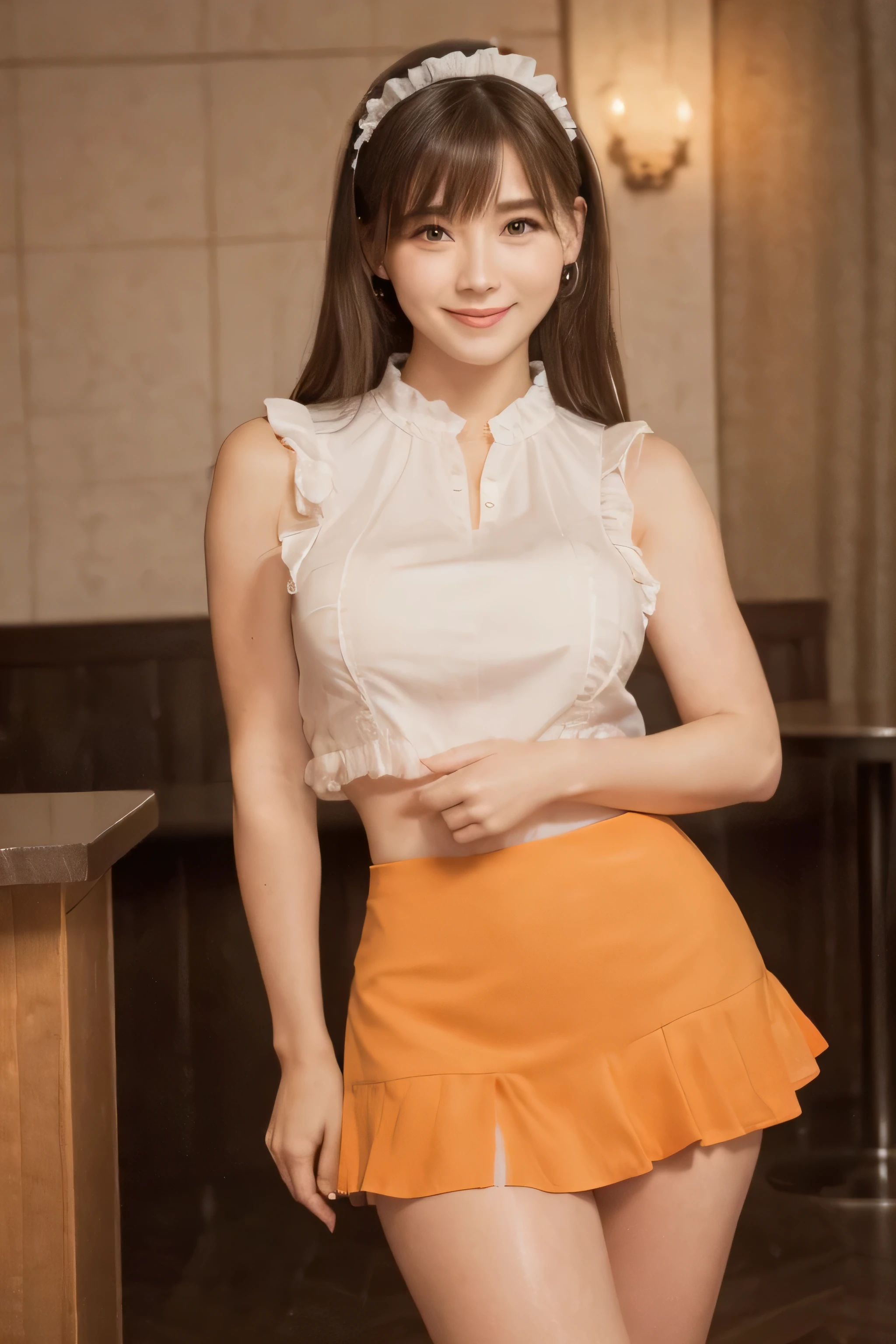 Masseter muscle area, Highest quality, masterpiece, High resolution, Photorealistic, RAW Photos, 8K Wallpaper, perfection, Professional Lighting, Very detailed, Depth of written boundary, ((One beautiful woman)), ((A 2 woman smiles gently)), (Inside the cafe), ((waitress)), ((A white sleeveless ruffled blouse with an orange micro mini skirt)),Cute face, Detailed face, Beautiful Eyes, (Standing invitingly), bangs,Cute Headband,Shapely large breasts, Semi-long hair, (Thick lips),whole body,Sexy thighs