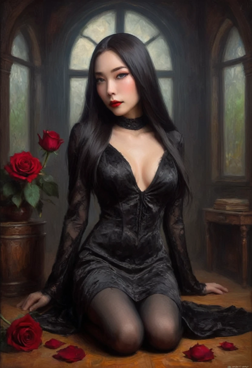 a cute Yuna in cosplay as Morticia Adams, beautiful detailed eyes, beautiful detailed lips, extremely detailed eyes and face, long eyelashes, slinky black dress, deep v down middle, deep thigh slits, sultry pose, holding a black rose, 8k, best quality, high resolution, masterpiece, ultra-detailed, realistic, photorealistic, HDR, studio lighting, extreme detail description, vivid colors, dark gothic, chiaroscuro lighting, moody atmosphere, dramatic lighting
