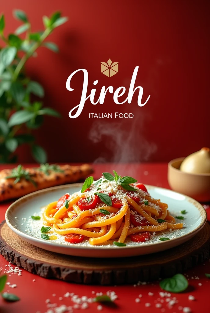 Please create an Instagram ad for the restaurant called Jireh Italian food. Create a well-crafted photo in red color palettes, green and white.