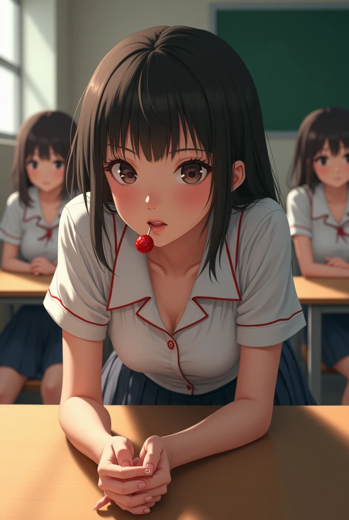 japanese, school uniform, cute, Whole body, provocative poses, classroom, lying on the table, sucking a lollipop, Realistic style, students admiring.