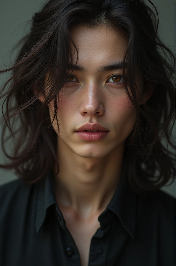 You can create an image of an male with dark brown hair down to below his shoulders with honey-colored eyes and pink lips.