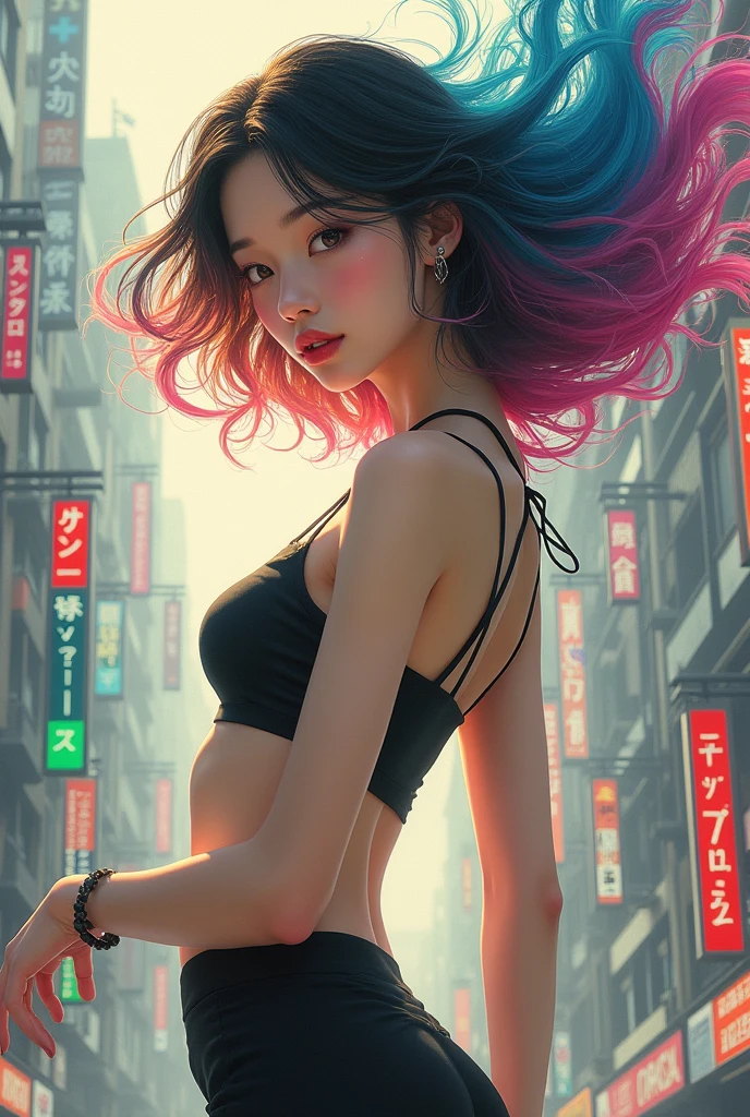 ((masterpiece)), ((Highest quality)), (Beautiful Japanese girl portrait), Eye for perfect detail, Face in perfect detail, Very elaborate nose, Open your mouth, Perfect muscle, Perfect Teeth, A well-defined body, Tight clothing that shows the lines of the body, Charm, Perfect Face, Dimples on cheeks, Depth of written boundary, High resolution, ((Incredibly realistic skin texture)), (Well-proportioned hands), Thin lips, Random color hair, Floating multicolored hair, Narrow waist, Big City Background