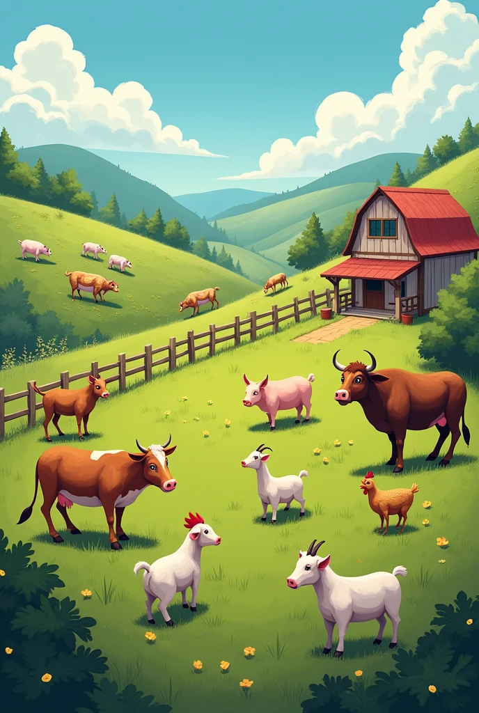 I want to create an animated image of a farm with animals such as a cow, pigs, chickens, bulls, goats