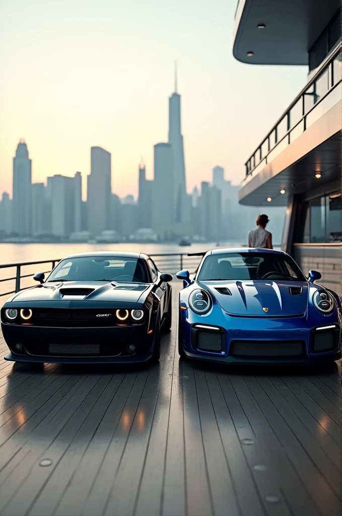 Dodge Challenger and Porsche GT3 RS on a luxury yacht, city in the background blurred, luz outfit