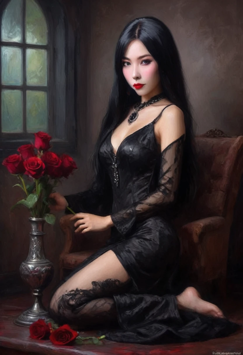 a cute Yuna in cosplay as Morticia Adams, beautiful detailed eyes, beautiful detailed lips, extremely detailed eyes and face, long eyelashes, slinky black dress, deep v down middle, deep thigh slits, sultry pose, holding a black rose, 8k, best quality, high resolution, masterpiece, ultra-detailed, realistic, photorealistic, HDR, studio lighting, extreme detail description, vivid colors, dark gothic, chiaroscuro lighting, moody atmosphere, dramatic lighting
