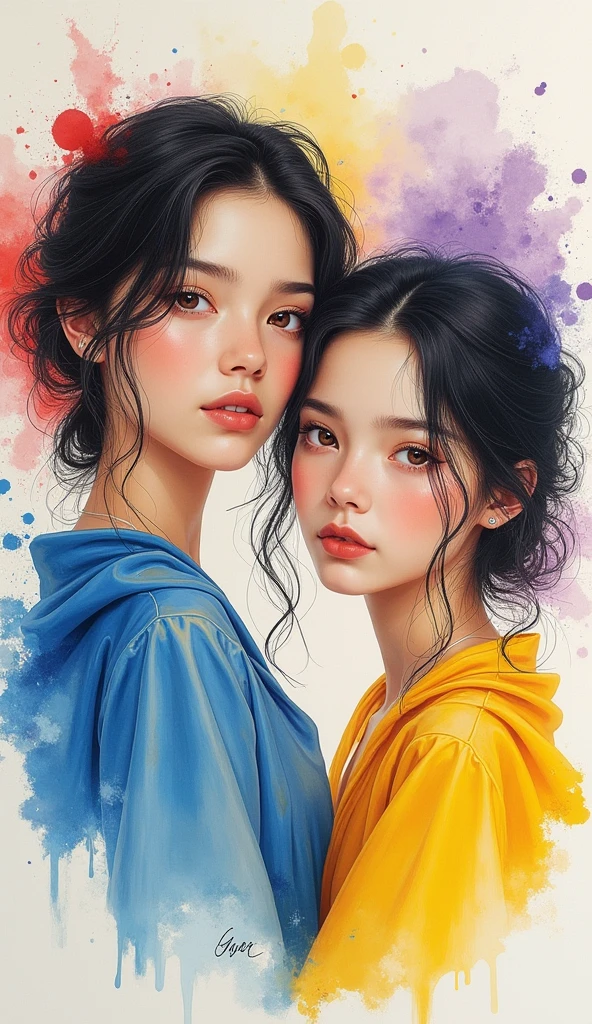8K quality, watercolor painting, stylish design Colorful beautiful girl：A 2 girl，messy  hair，oil painted，perfect  face，Soft skin perfect face，blue yellow colors，Light purple and violet color added，Light red color added，Complicated details，Splash screen，8K resolution，tmasterpiece, cute  face, ArtStation digital painting is smooth and very black ink flow：8k resolution photorealistic masterpiece：intricately detailed fluid gouache painting：Written by Jean Baptiste Mongue：caligraphy：propylene：water color art，professional photoshooting，natural  lightting，Volumetric lighting minimalist photographic illustration：Written by Marton Bobzert： ，complex，ellegance，sprawling，dream magical，Wavy hair，with dynamism