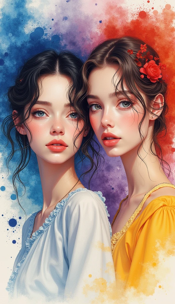 8K quality, watercolor painting, stylish design Colorful beautiful girl:A 2 girl,messy hair,oil painted,perfect face,Soft skin perfect face,blue yellow colors,Light purple and violet color added,Light red color added,Complicated details,Splash screen,8K resolution,tmasterpiece, cute face, ArtStation digital painting is smooth and very black ink flow:8k resolution photorealistic masterpiece:intricately detailed fluid gouache painting:Written by Jean Baptiste Mongue:caligraphy:propylene:water color art,professional photoshooting,natural lightting,Volumetric lighting minimalist photographic illustration:Written by Marton Bobzert: ,complex,ellegance,sprawling,dream magical,Wavy hair,with dynamism