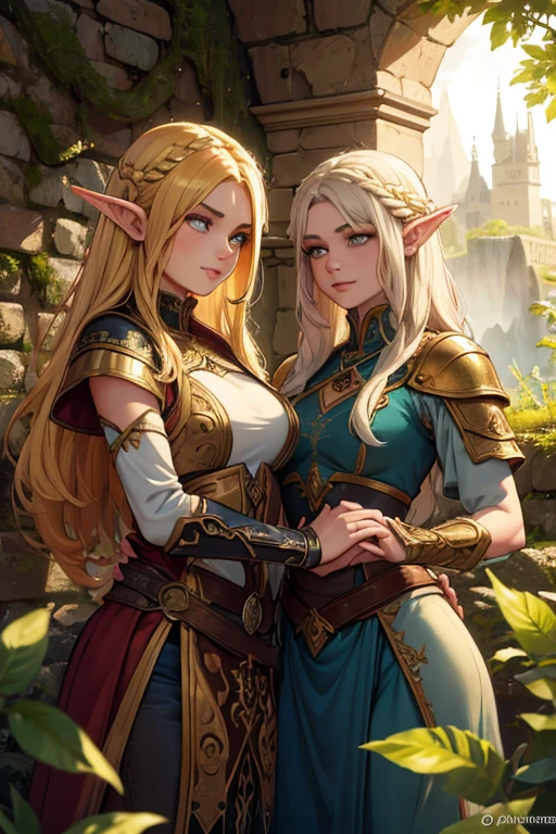 a beautiful detailed portrait of two gorgeous elven warrior twins, long braided golden hair, wearing baroque elven armor, battle-worn, magic, jeans, short top, smiling, fantasy, dynamic pose, castle ruins in a forest background, dramatic, chromatic aberration, best quality, 8k, highres, masterpiece, ultra-detailed, realistic, photorealistic, studio lighting, vivid colors, professional