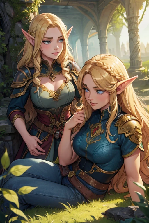 a beautiful detailed portrait of two gorgeous elven warrior twins, long braided golden hair, wearing baroque elven armor, battle-worn, magic, jeans, short top, smiling, fantasy, dynamic pose, castle ruins in a forest background, dramatic, chromatic aberration, best quality, 8k, highres, masterpiece, ultra-detailed, realistic, photorealistic, studio lighting, vivid colors, professional