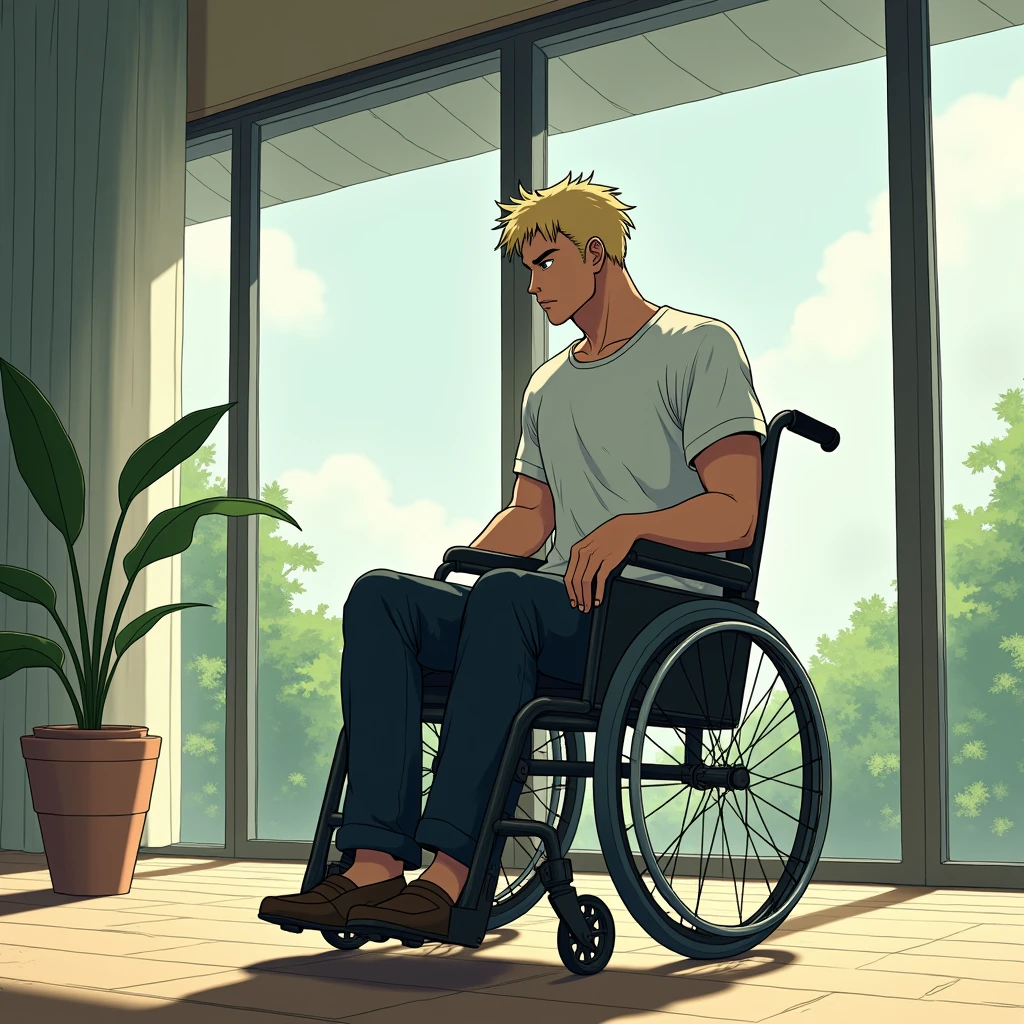 Japanese manga style Hayao Miyazaki,Floor to ceiling windows in the background, Room ,handsome male lead, brawny, short blonde hair, help ,sitting in a wheelchair