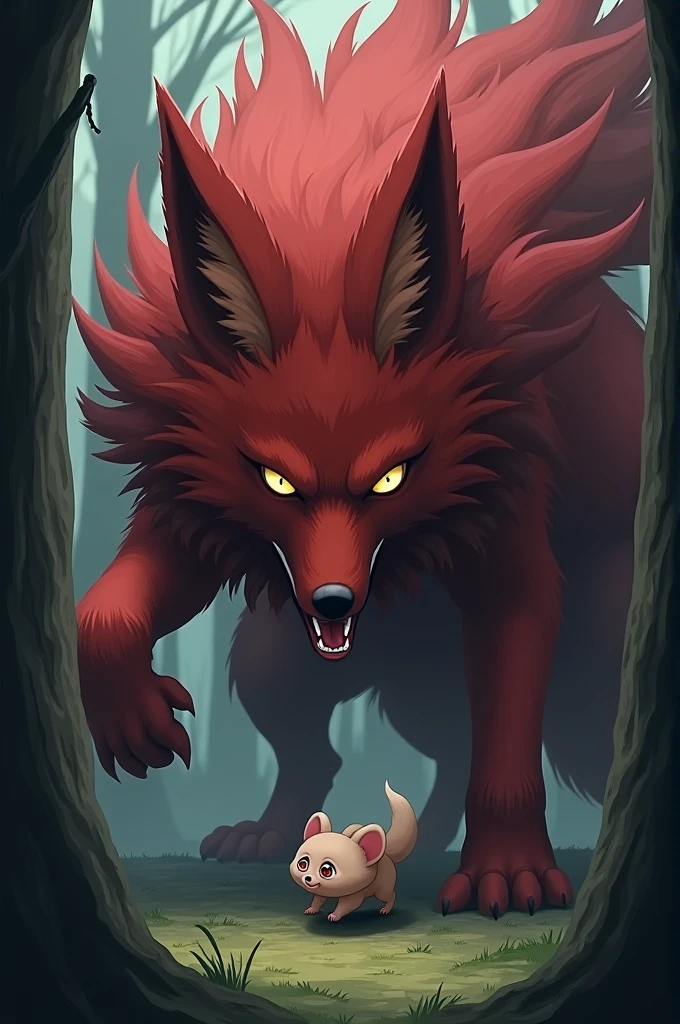Kurama from the anime Naruto cornering a very scared possum