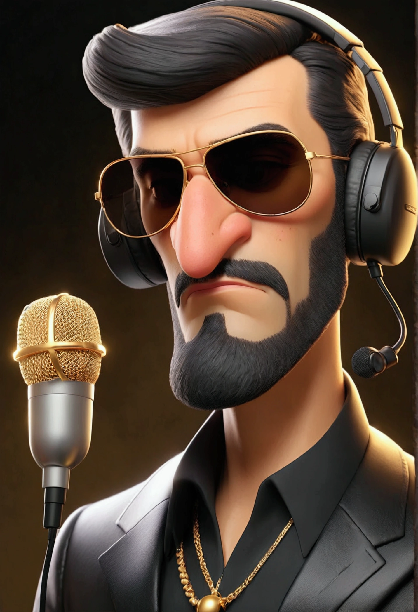 Handsome strong friendly man with pierced chin nice nose with gold chain formal wear no beard wearing black sunglasses with black aviator style lens recording advertisement on microphone in radio studio