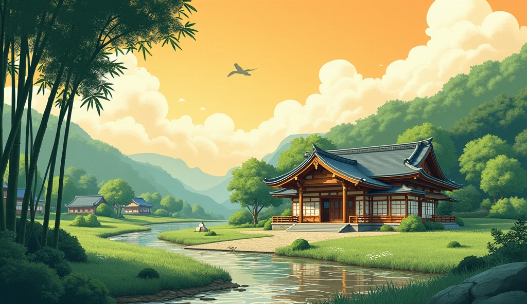 Ghibli style japanese dojo landscape painting