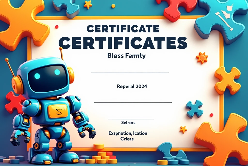 Create a children's certificate as an exhibitor at the 2024 Departmental Educational Technology Meeting., "robotecno". robot , vibrant colors. robot , programming, LEGO (most important image), puzzle pieces