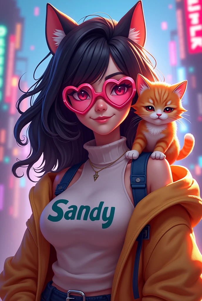 Free Fire game style female character, with big long hair and heart shaped glasses, with a kitten on the shoulder, turtleneck blouse with the name SANDY written on it