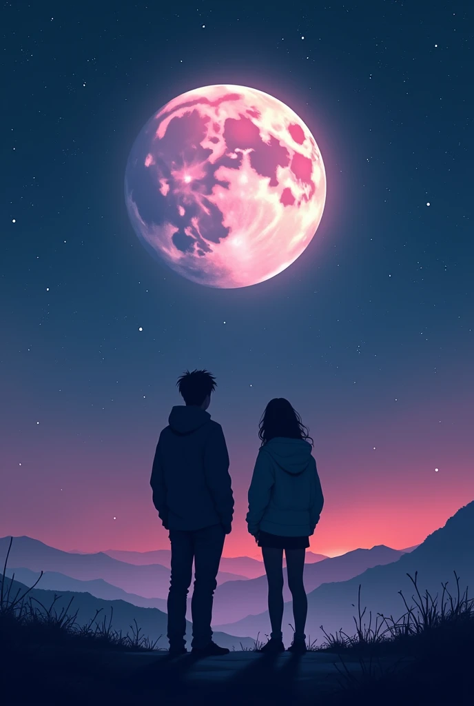 You can take a photo of two people from behind looking at the moon with a vaporwave filter