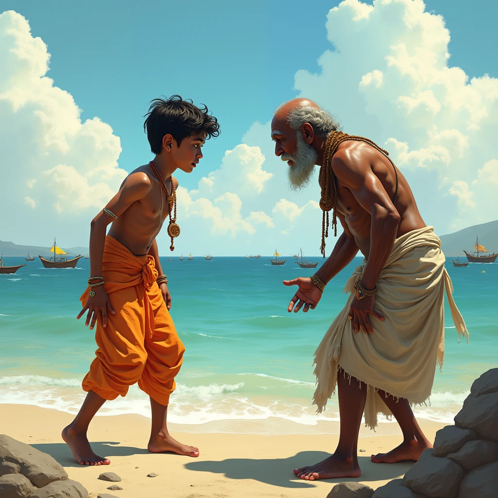 Create an image that there are clouds in the sky, there is sea below and there are many boats, but there is a boy who is very beautiful, he has a tilak on his head and a small Rudraksha rosary in his hand and also some parts of his body. You are wearing light saffron clothes and in front of you is a beggar wearing torn clothes and he is threatening that hair.