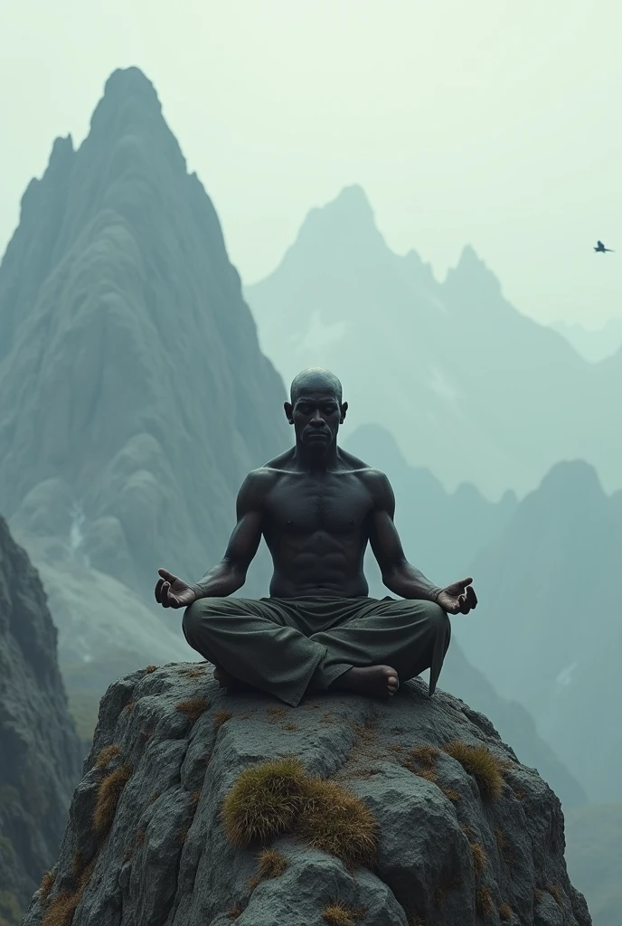Make a bald man with dark skin and dry shape meditating on a mountain peak