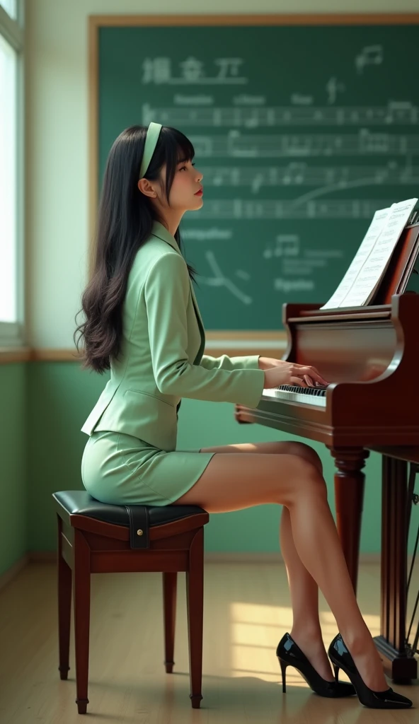 One girl, Japanese 30 years old,A gentle smile with a charming face,High resolution, Highest quality,School Music Room,A simple light green hairband,Straight long hair ,Long, slender legs,White light natural light,Bright visibility all the way to your feet,Black Hair,Light green business suit,Light green mini skirt,Light green patent leather high heels,Shiny black stockings,Black garter belt,Playing an upright piano,Hands on the piano keys,The blackboard in the background has musical staves and notes written on it.,Diagonal composition,masterpiece, Highest quality, Textured skin, movie, A bright photo that highlights her long legs and high heels,