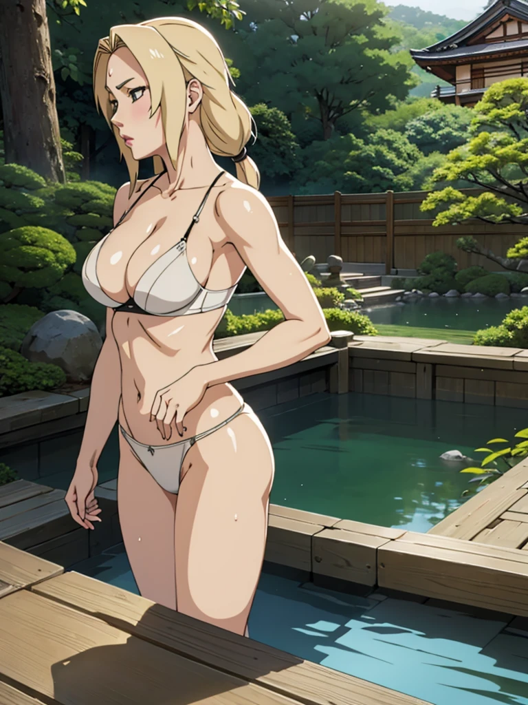 tsunade, blond, wearing wet white panties, layer, Japanese garden,black wet bra