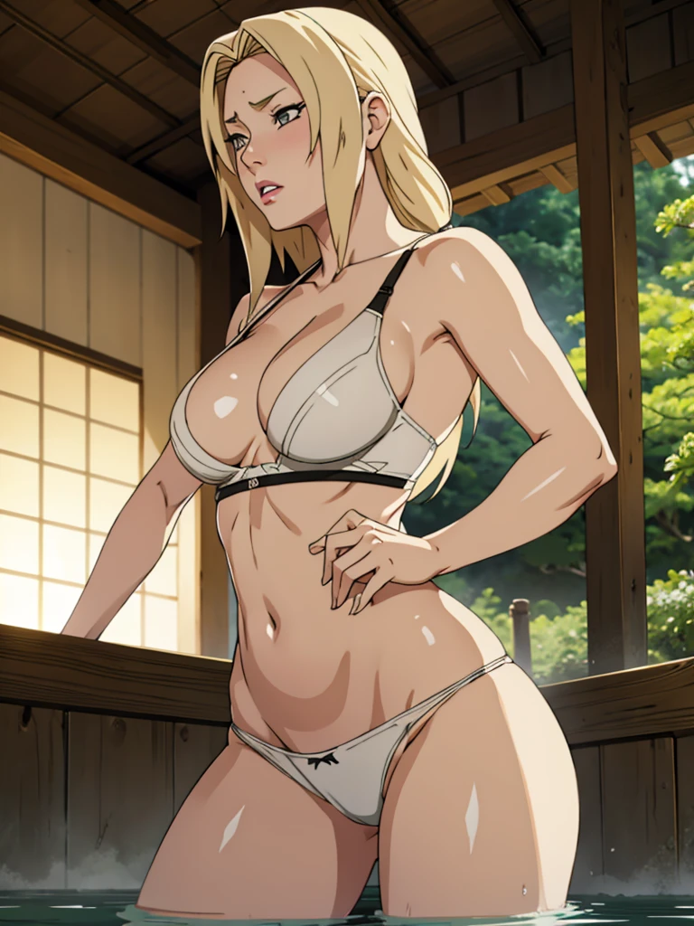 tsunade, blond, wearing wet white panties, layer, Japanese garden,black wet bra
