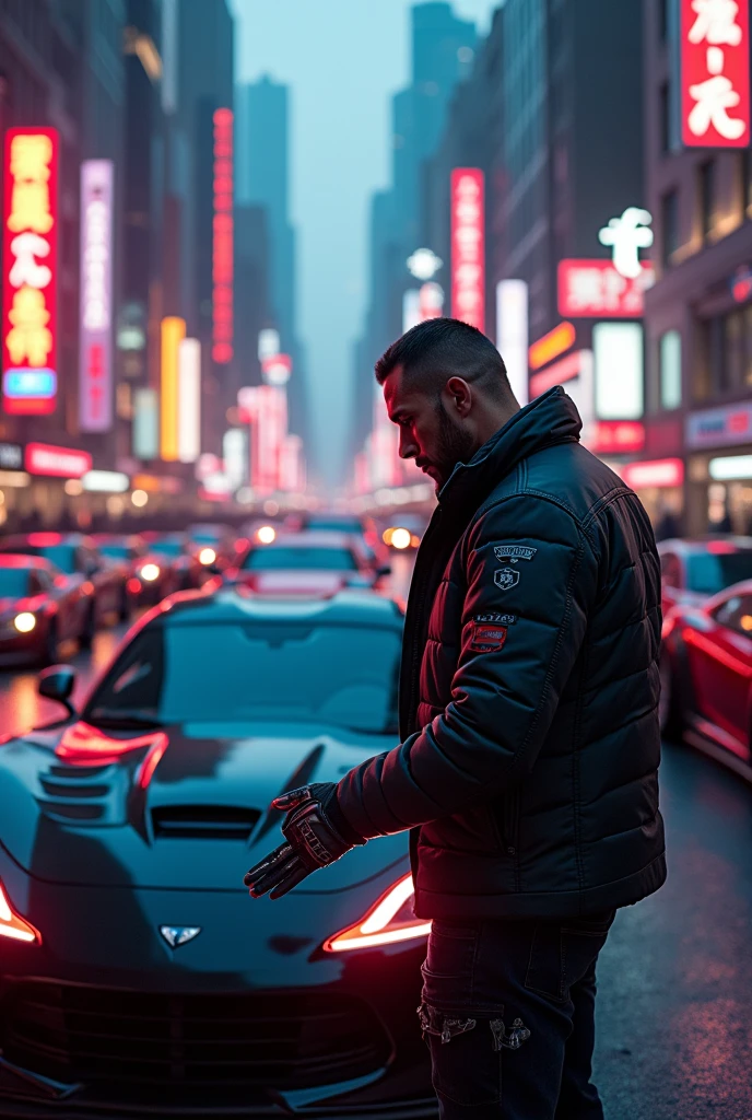 Aerial view of a bustling city at dusk, streets illuminated by neon lights. On a wide avenue, several high-performance street cars are lined up, each with custom paint and decals. Marcus, a rugged man in his 30s with a determined look, adjusts his racing gloves beside a sleek black sports car. The atmosphere is tense, filled with anticipation, as the other drivers exchange intense glances. The scene feels electrifying, full of raw energy, ready for a high-speed race